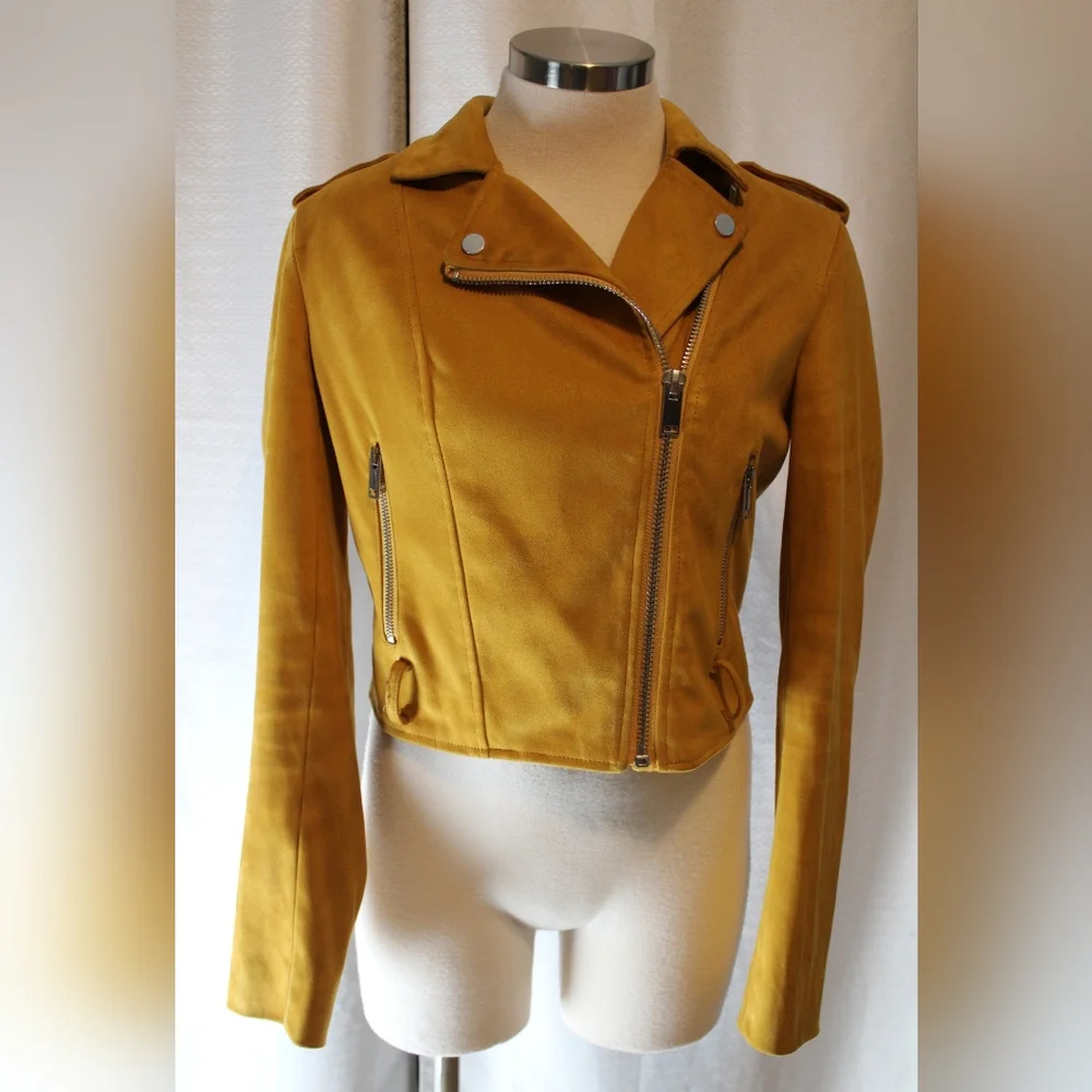 Forever 21 Women’s Mustard Yellow Microsuede Moto Jacket – Size L - Picture 8 of 13